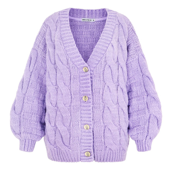 Gemma Basket Stitch Balloon Sleeve Chunky Knit Cardigan - Lilac Cara & The Sky