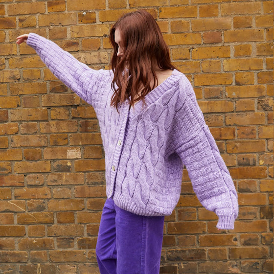 Gemma Basket Stitch Balloon Sleeve Chunky Knit Cardigan - Lilac Cara & The Sky