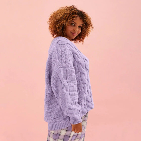 Gemma Basket Stitch Balloon Sleeve Chunky Knit Cardigan - Lilac Cara & The Sky