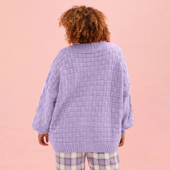 Gemma Basket Stitch Balloon Sleeve Chunky Knit Cardigan - Lilac Cara & The Sky