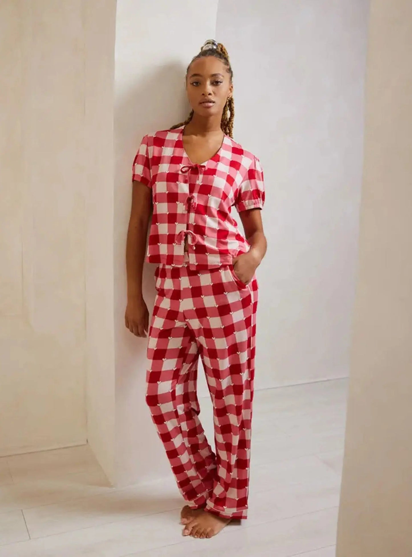 Gingham Heart Print Women's Long Pyjama Set Chelsea Peers