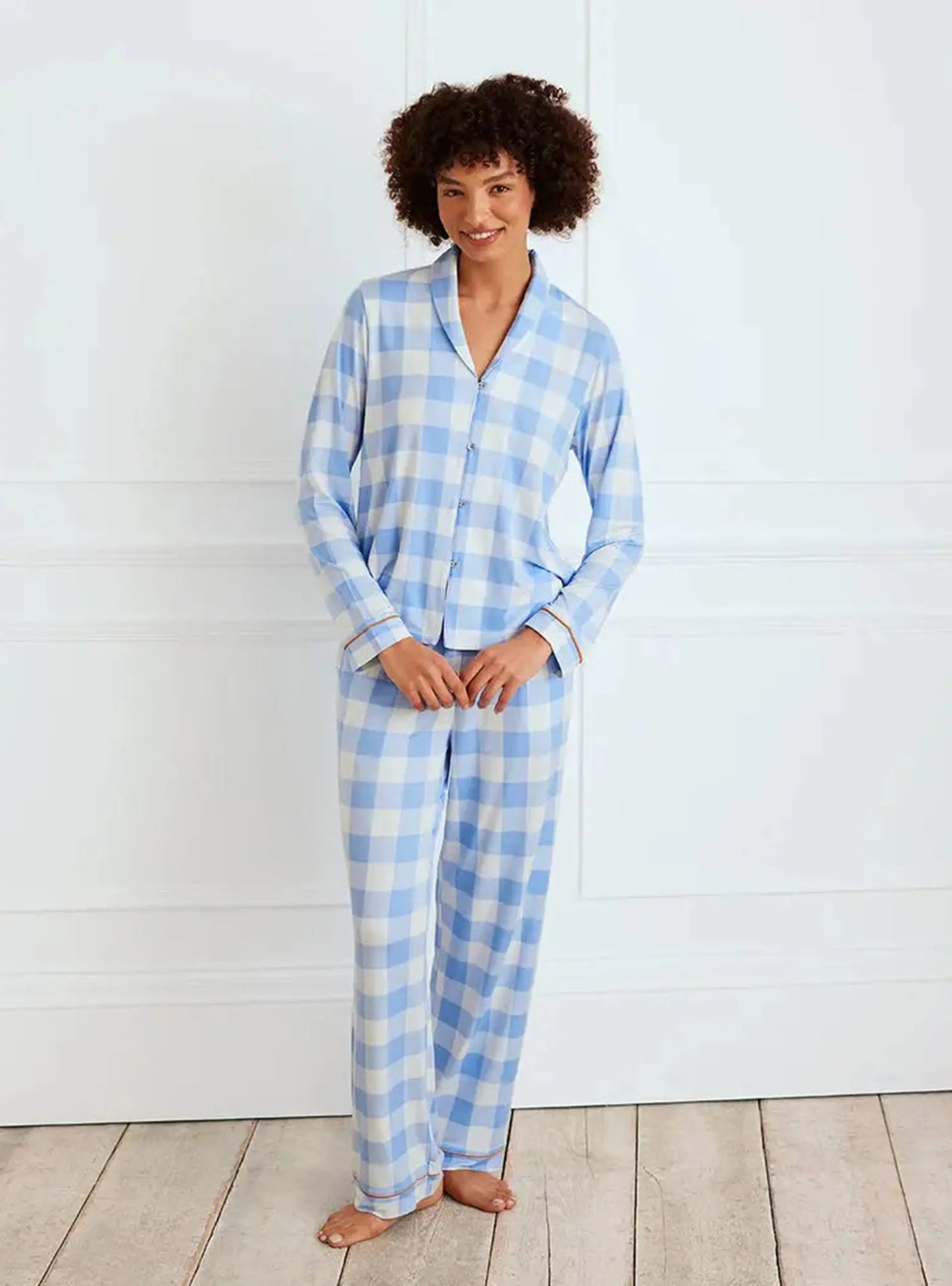 Gingham Print Women's Button Up Long Pyjama Set Chelsea Peers