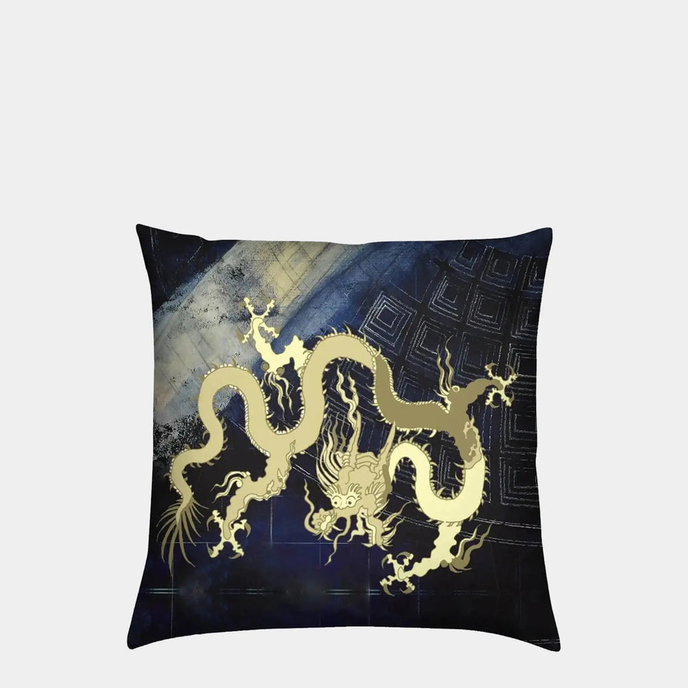 Golden Dragon on Blue Pantheon Velvet Cushion Long Studio Design