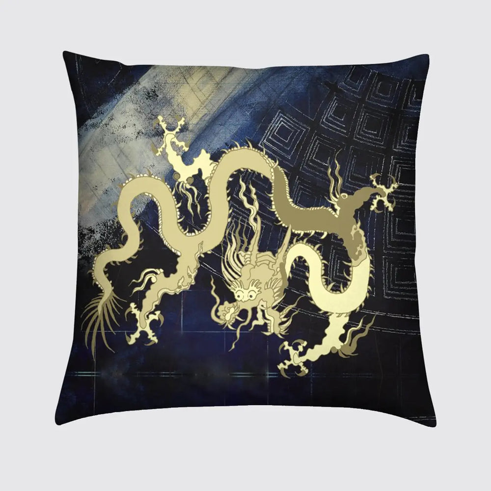 Golden Dragon on Blue Pantheon Velvet Cushion Long Studio Design