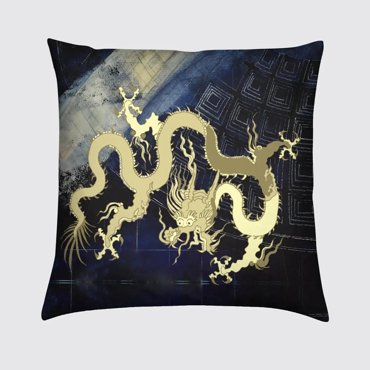 Golden Dragon on Blue Pantheon Velvet Cushion Long Studio Design