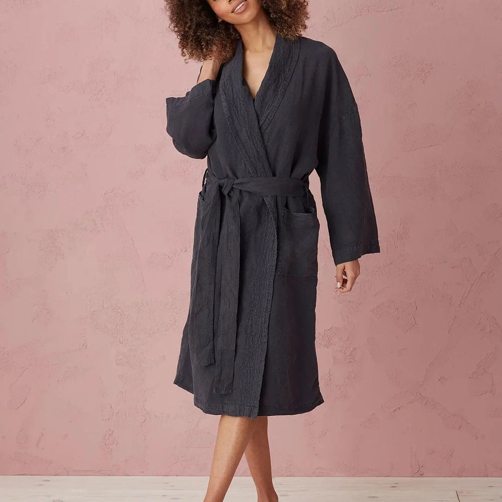 Graphite Layla 100% Linen Robe The Secret Linen Store