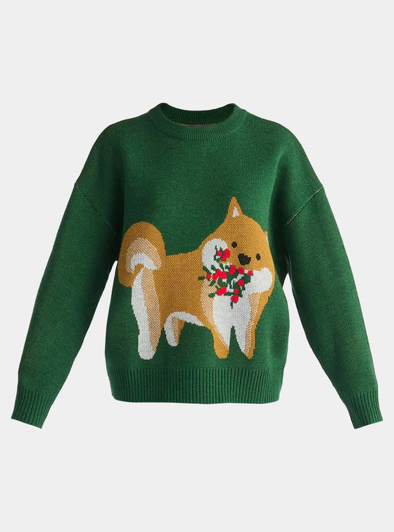 Green Christmas Jumper With Dog and Mistletoes Paisie