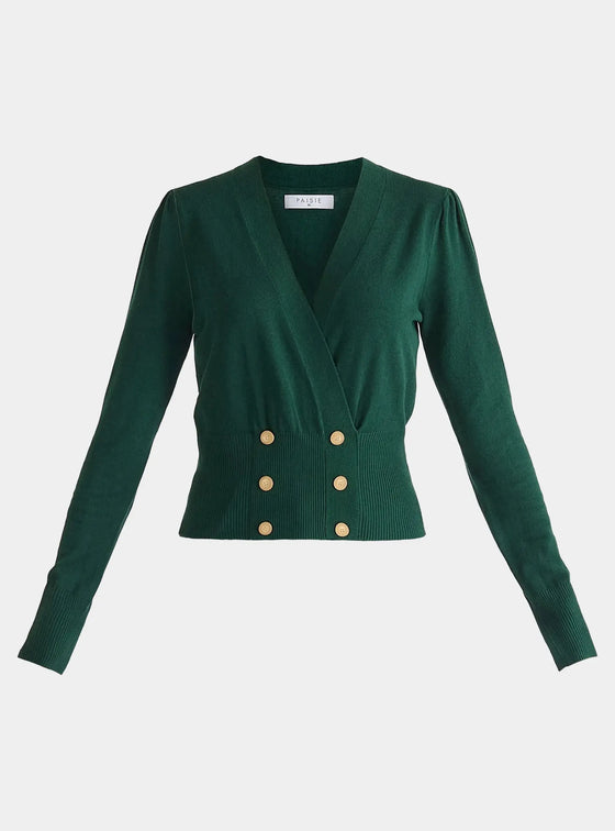 Green Long Sleeve Knitted Button Wrap Top Paisie