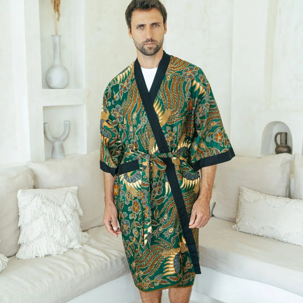 Green Men's Batik Robe Wear the World