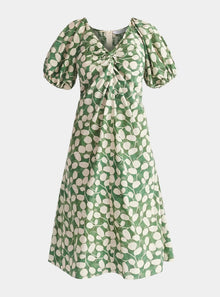  Green and Cream Puff Sleeve Twist Dress Paisie