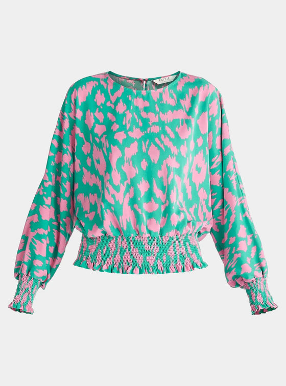 Green and Pink Animal Print Balloon Sleeve Blouse Paisie