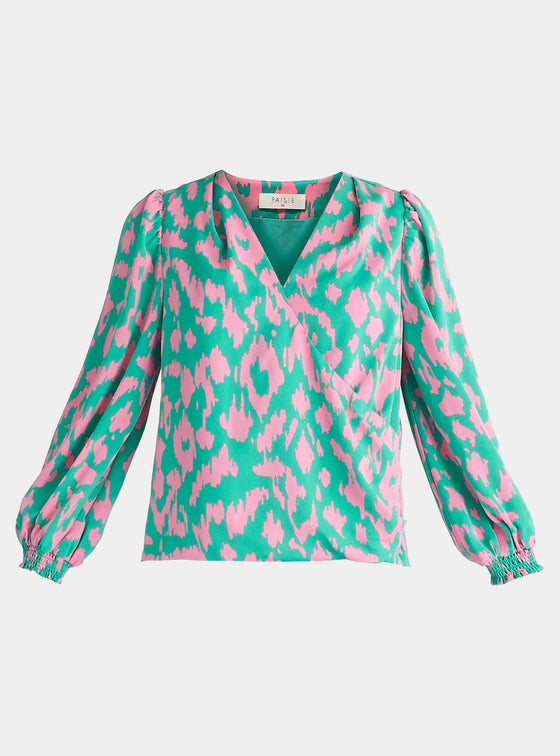 Green and Pink Animal Print Wrap Blouse Paisie