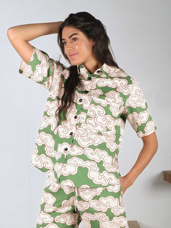 Organic Cotton & Linen Green Clouds Cuban Shirt