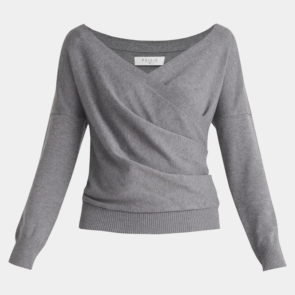 Grey Knitted Wrap Top With Long Sleeves Paisie