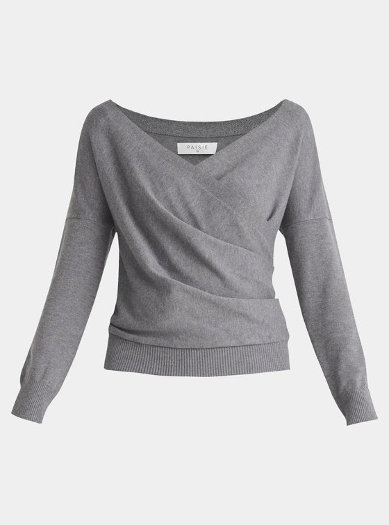 Grey Knitted Wrap Top With Long Sleeves Paisie