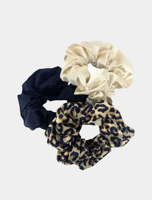  Hair Scrunchies Multipack Set - Black, Beige & Animal Print SMUG