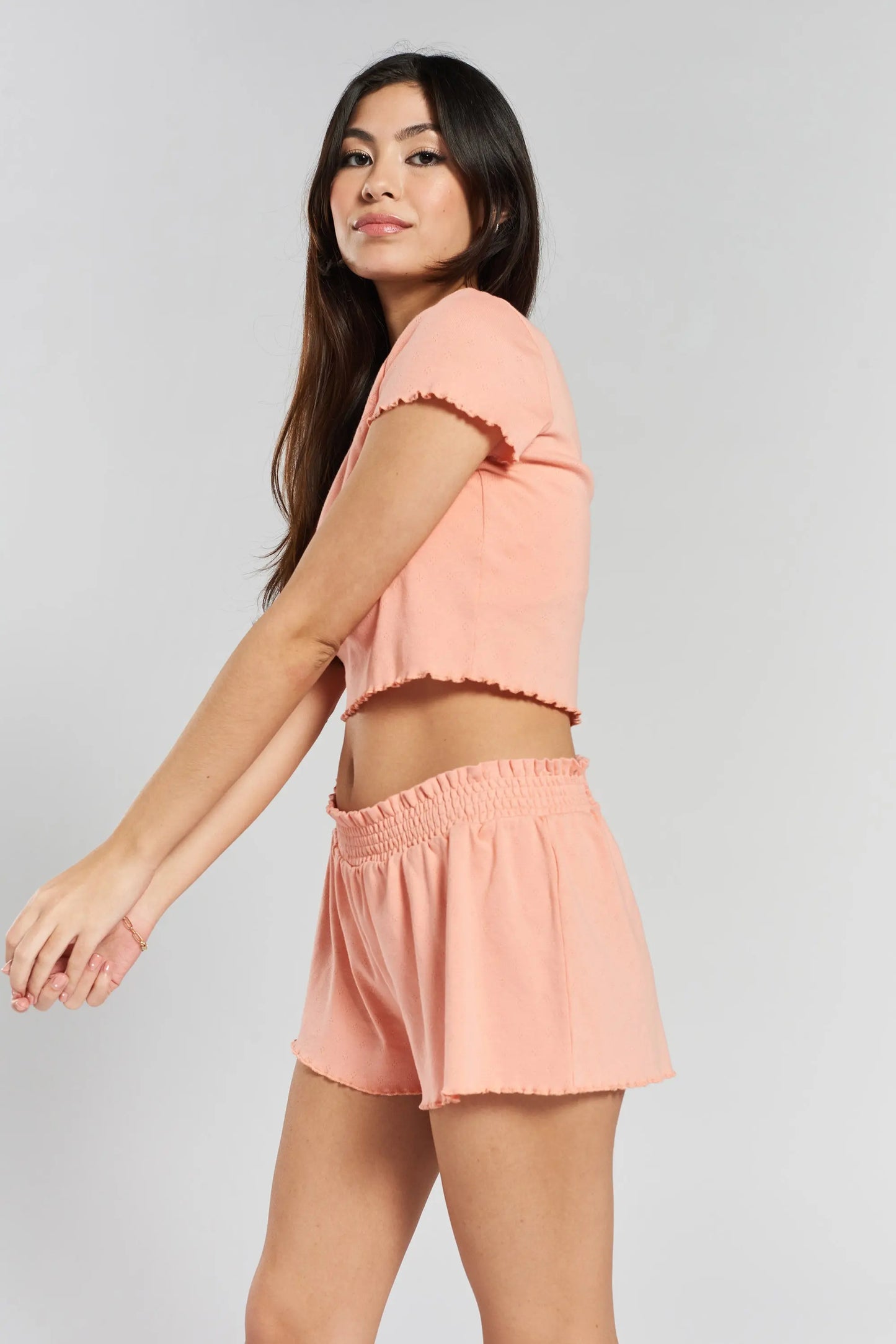 Hinoki Pointelle Ethical-Cotton Pyjama Shorts - Dawnlight Coral Peachaus