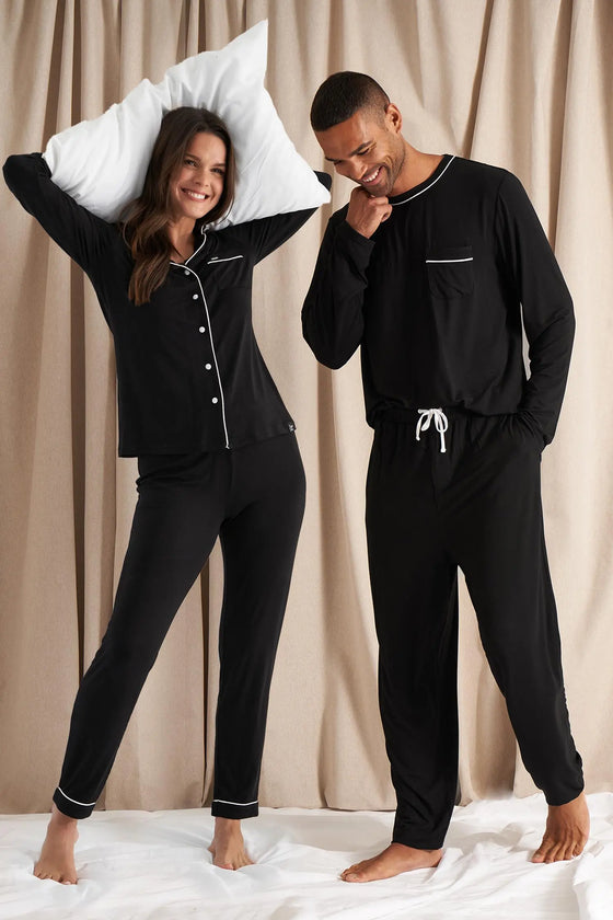 His and Hers Bamboo Pyjama Sets in Black Pretty You London