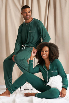  His and Hers Bamboo Pyjama Sets in Green Pretty You London