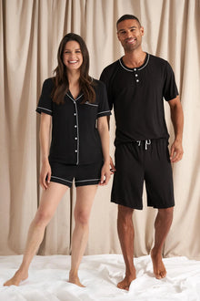  His and Hers Bamboo Short Pyjama Sets in Black Pretty You London