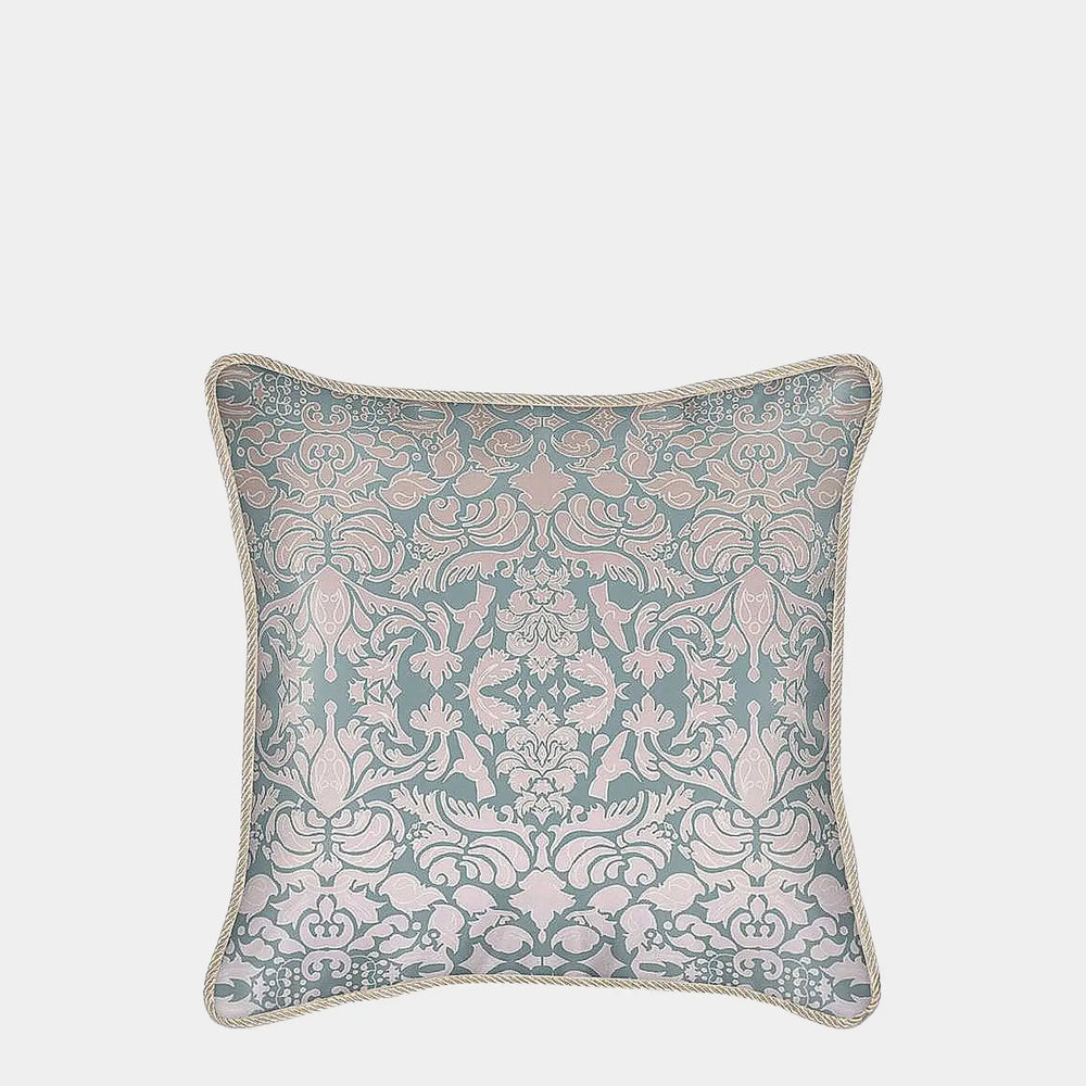 Hummingbird Damask Design in Pink and Sage Green Silk Cushion Long Studio Design