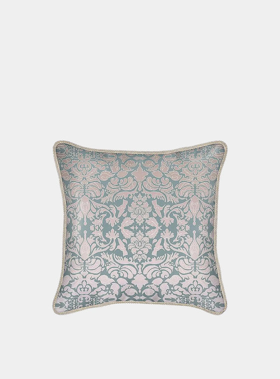 Hummingbird Damask Design in Pink and Sage Green Silk Cushion Long Studio Design