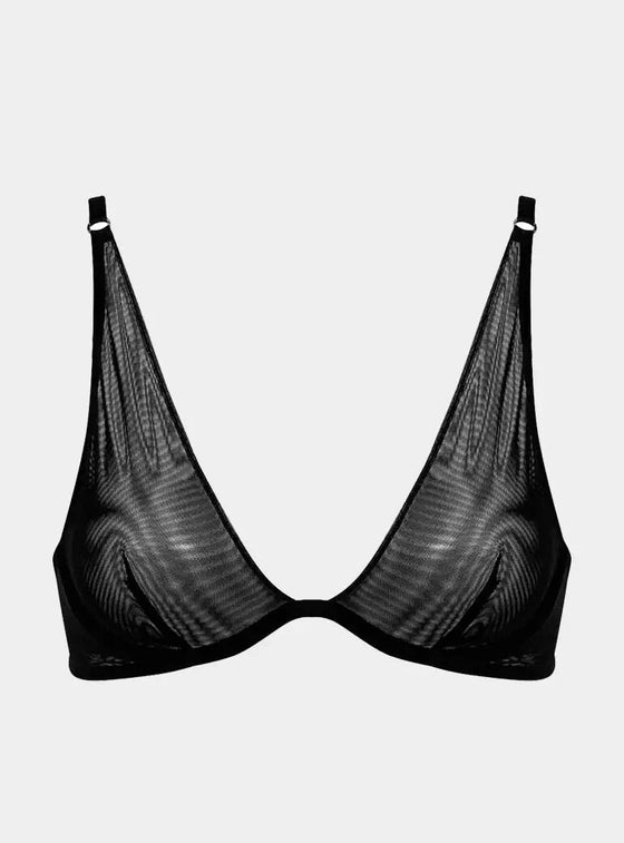 I.D. Line Deep Plunge Underwired Fine Mesh Bra Black NOKAYA