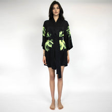  Silk Dreamscape Short Kimono Robe Black Flower NOKAYA