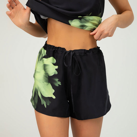 Silk Black Flower Dreamscape Shorts NOKAYA