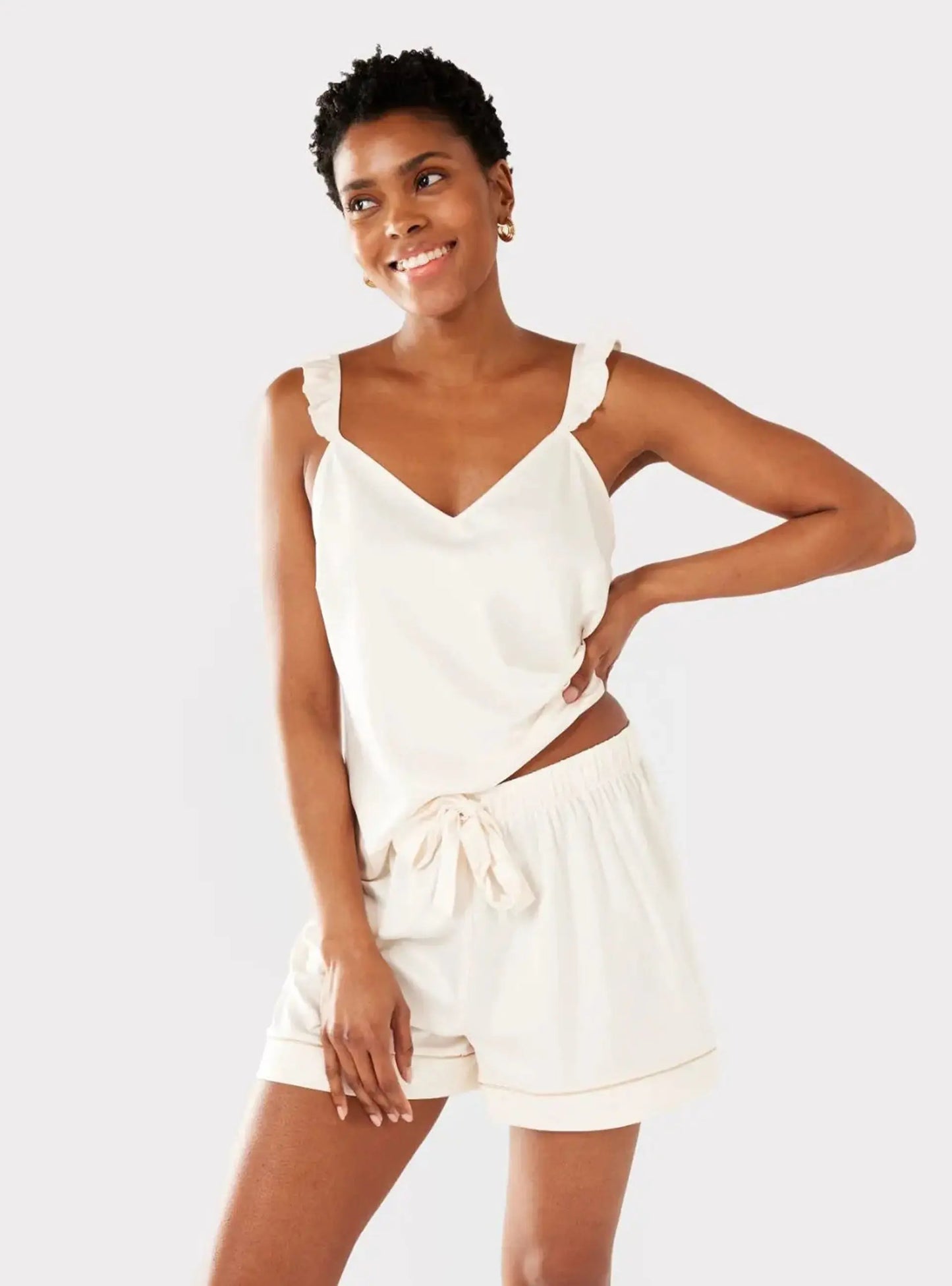 Ivory Women's Satin Frill Trim Cami Short Pyjama Set Chelsea Peers