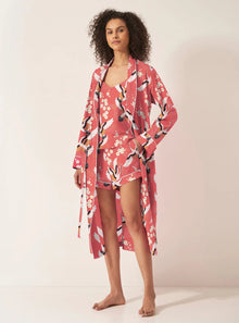  Japanese Crane on Coral Organic Cotton Robe Myza