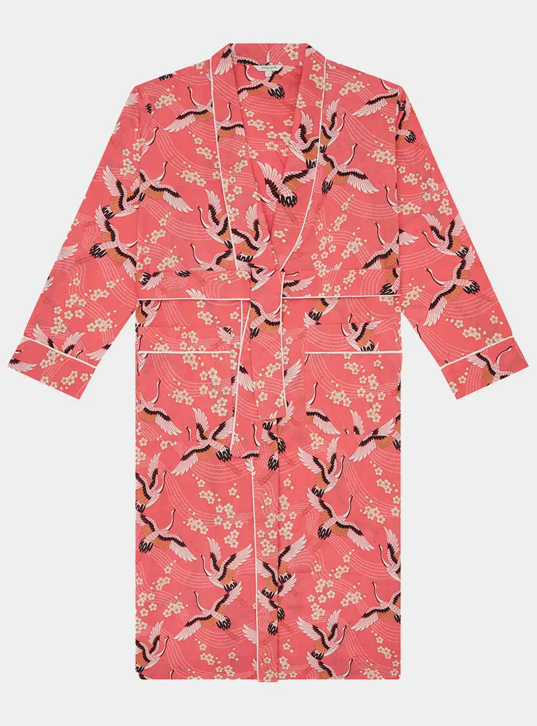  Japanese Crane on Coral Organic Cotton Robe Myza