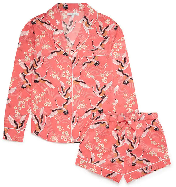 Japanese Crane on Coral Women's Long Sleeve Organic Cotton Pyjama Short Set Myza