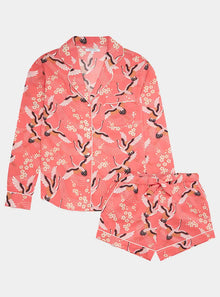  Japanese Crane on Coral Women's Long Sleeve Organic Cotton Pyjama Short Set Myza