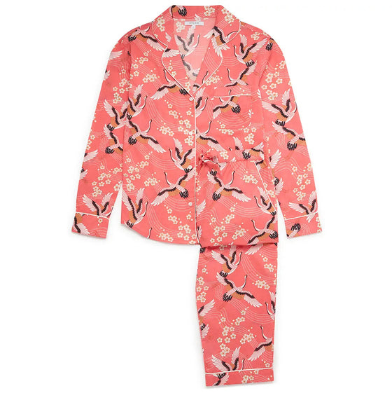 Japanese Crane on Coral Women's Long Sleeve Organic Cotton Pyjama Trouser Set Myza