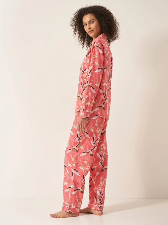 Japanese Crane on Coral Women's Long Sleeve Organic Cotton Pyjama Trouser Set Myza