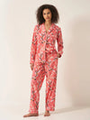 Japanese Crane on Coral Women's Long Sleeve Organic Cotton Pyjama Trouser Set Myza