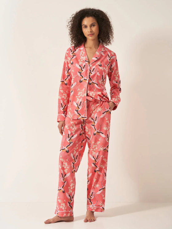 Japanese Crane on Coral Women's Long Sleeve Organic Cotton Pyjama Trouser Set Myza