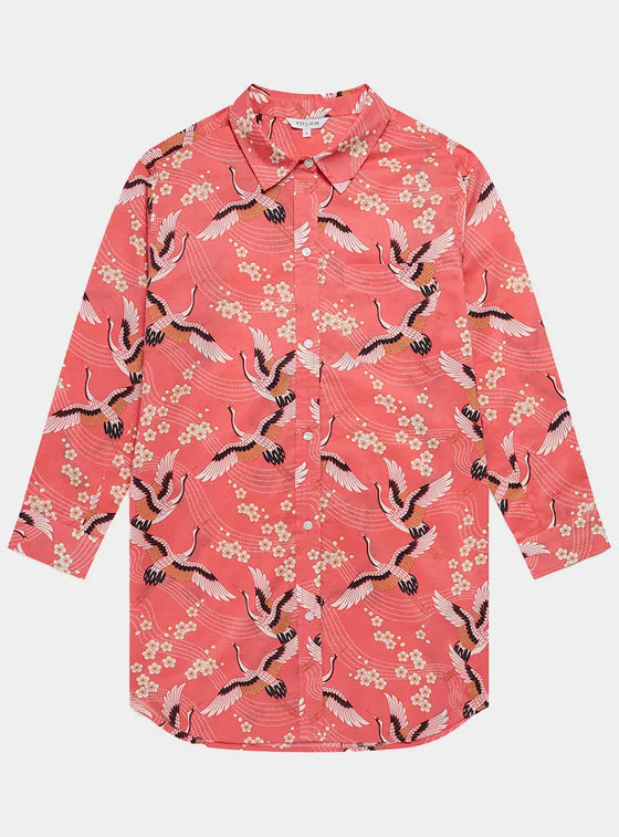 Japanese Crane on Coral Women's Organic Cotton Nightshirt Myza