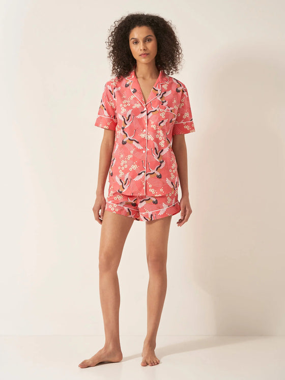 Japanese Crane on Coral Women's Short Sleeve Organic Cotton Pyjama Short Set Myza