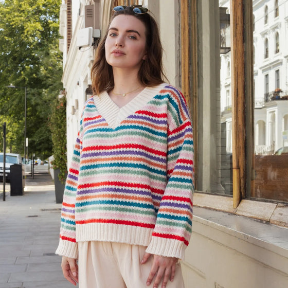 Jasmine Wide Sleeve v Neck Striped Jumper - Off White Cara & The Sky