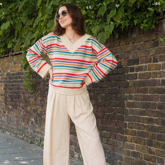 Jasmine Wide Sleeve v Neck Striped Jumper - Off White Cara & The Sky