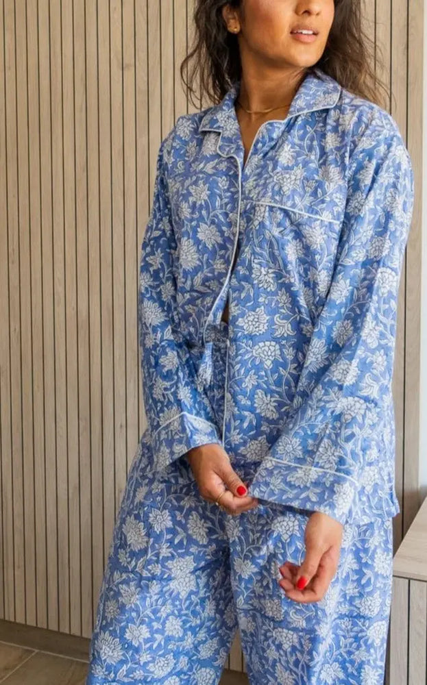 Khushi Powder Blue Block Print Pyjamas Naree Clothing