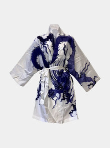  Kimono Silk Robe - Blue Dragon on White Long Studio Design