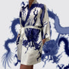 Kimono Silk Robe - Blue Dragon on White Long Studio Design