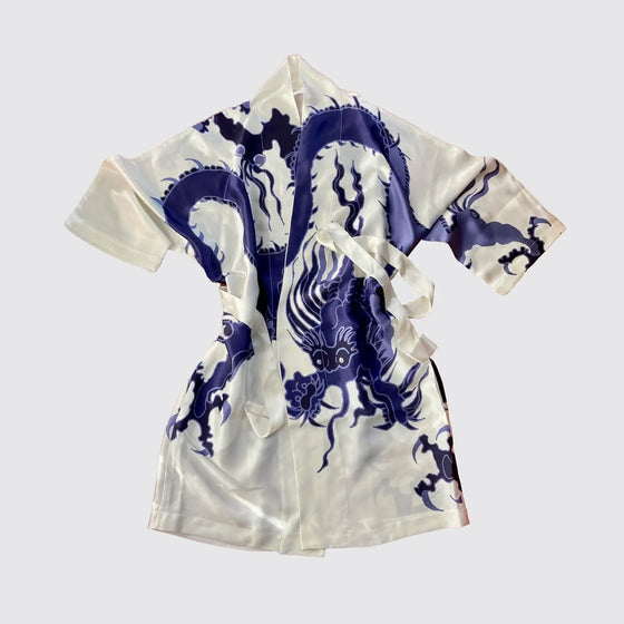 Kimono Silk Robe - Blue Dragon on White Long Studio Design