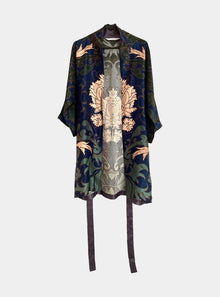  Kimono Silk Robe - Blue and Green Damask Long Studio Design