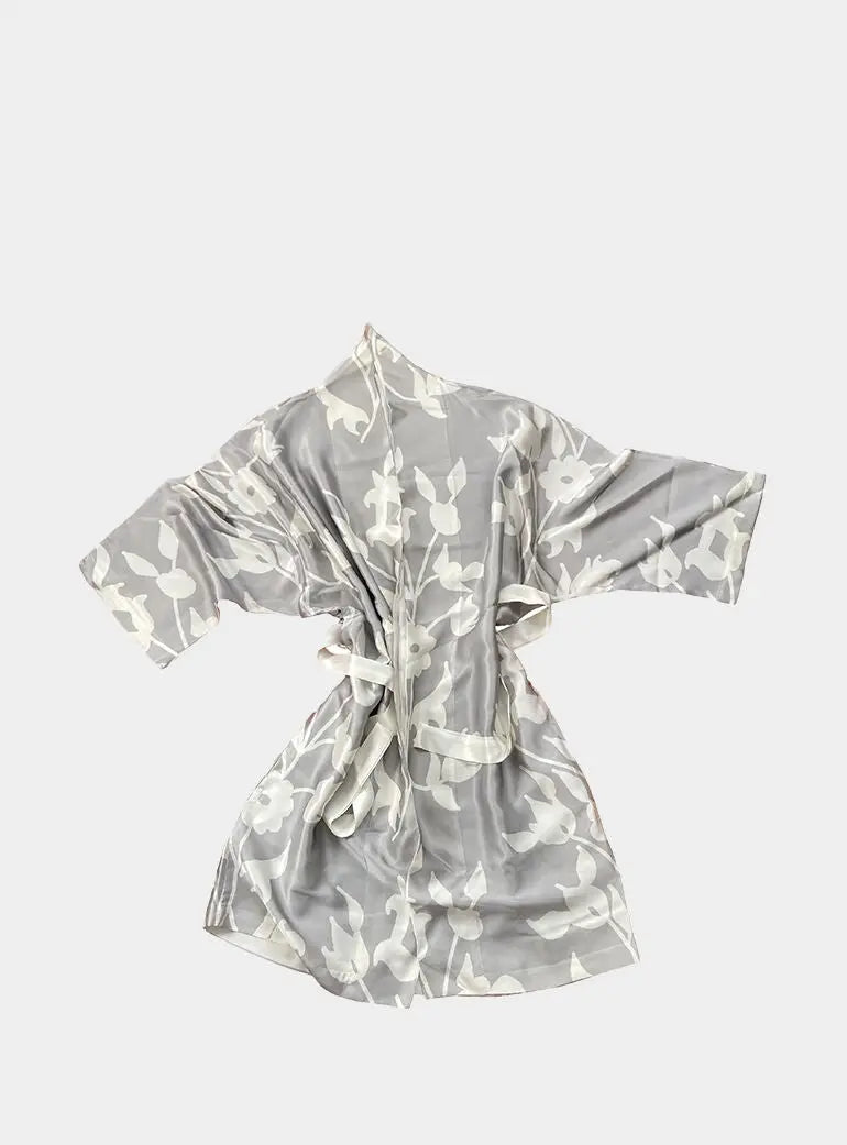 Kimono Silk Robe - Grey With White Foliage Long Studio Design