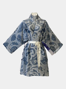  Kimono Silk Robe - Hummingbird Damask Blue on Blue Long Studio Design