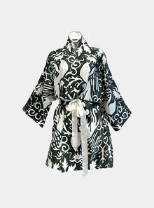  Kimono Silk Robe - Phoenix Green and White Long Studio Design